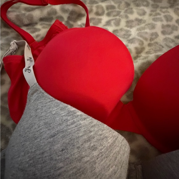 VS PINK Grey Cotton Logo & Red Lightly Lined T Shirt Bra Set size 36D - Picture 4 of 4